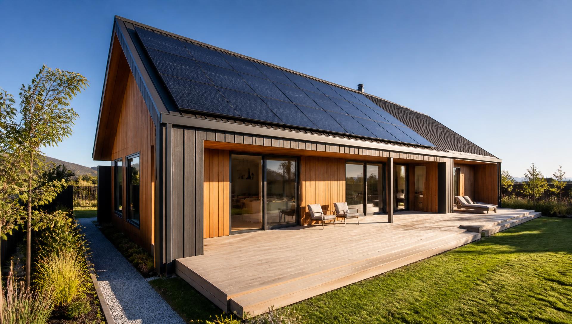 Modern home with solar panels in Canterbury, New Zealand